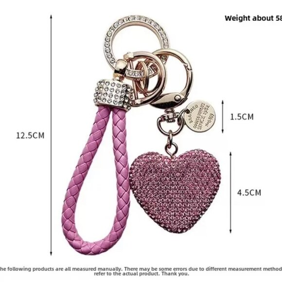 Pink Heart Diamond Keychain Leather Rope - Picture 3 of 3